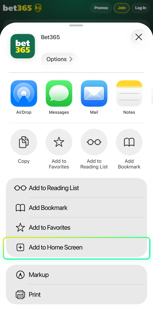 Access the share menu to begin installing the Bet365 app for iOS.