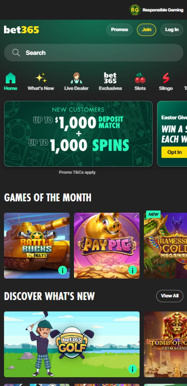 Enjoy casino games inside the Bet365 app.